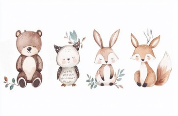 Adorable watercolor bohemian baby cartoon rabbit and bear animals, perfect for kindergarten, featuring woodland deer, fox, and owl nursery designs, isolated bunny forest illustrations for children.