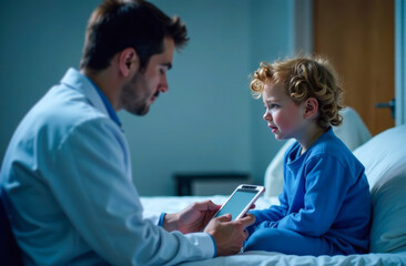 Obraz premium A male doctor in a medical uniform sits near a sick little curly boy.
