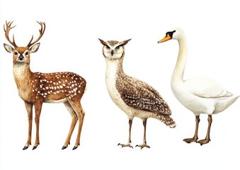 Fototapeta premium A watercolor illustration featuring a collection of animals on a plain white background, including a squirrel, bunny, owl, deer, swan, goose, sheep, woodpecker.