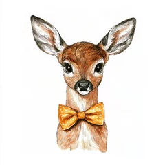  Charming watercolor animal portrait of a hand-drawn deer fawn wearing a bow. © neiros