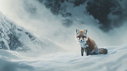 Obraz premium A solitary fox sits on a snowy landscape, surrounded by mountains and a misty atmosphere.