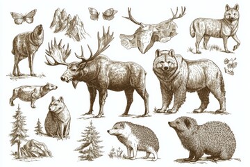 Hand-drawn Scandinavian forest animal sketches in a vintage style, featuring woodland creatures in wild nature line art.