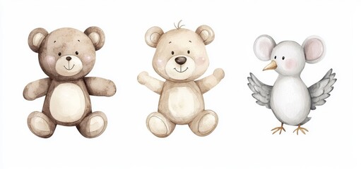 Obraz premium Watercolor illustrations of animal portraits featuring a bear, mouse, and bird. Adorable stuffed toys for kids.