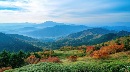 Obraz premium Scenic Japanese Landscape with Autumn Colors and Mountains