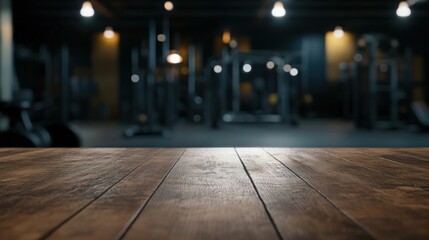 A wooden table in a gym setting, with exercise equipment blurred in the background.