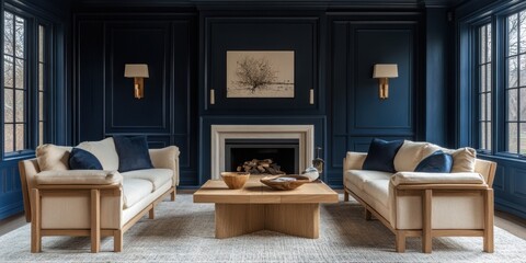 Cozy living room features elegant decor with rich blue walls, timeless furnishings, and a warm ambiance perfect for relaxation and gatherings