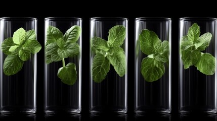 Fresh basil leaves in glasses, a refreshing image of healthy green living and hydration