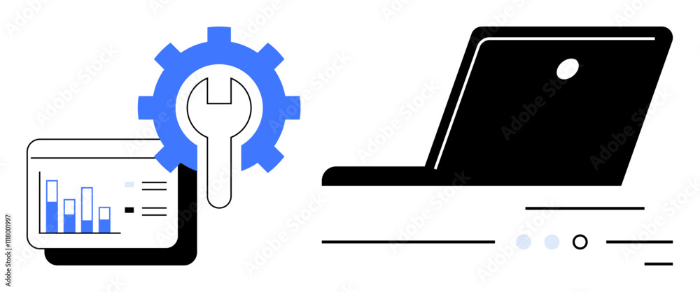 Wall mural Laptop with line details adjacent to a graph display adorned with a blue gear and wrench. Ideal for tech support, data analysis, software development, business analytics, IT services, engineering