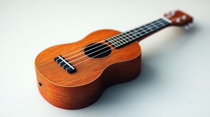 Obraz premium A wooden ukulele resting on a light surface, showcasing its craftsmanship and musical purpose.