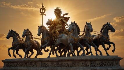 Statue of Helios, the sun god, driving a four-horse chariot, with a backdrop of a golden sunrise, carvings displaying his powerful control over the sun's journey.