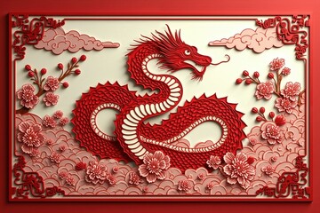 Fototapeta premium Intricate red dragon paper art with floral details and decorative clouds