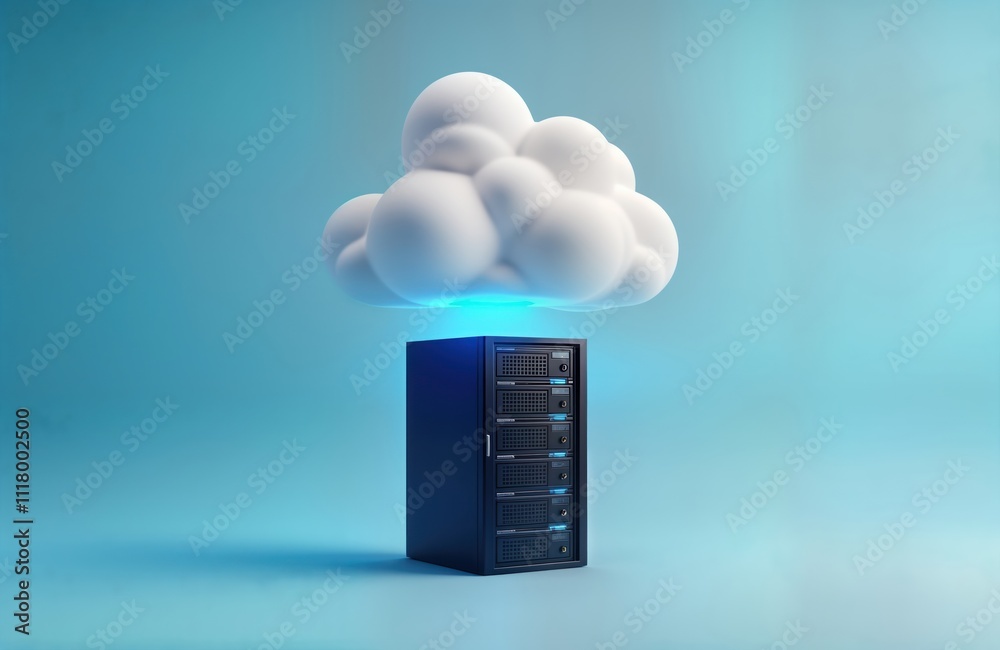 Aufkleber cloud storage tech concept. white cloud floats above dark datacenter server rack. blue background. m