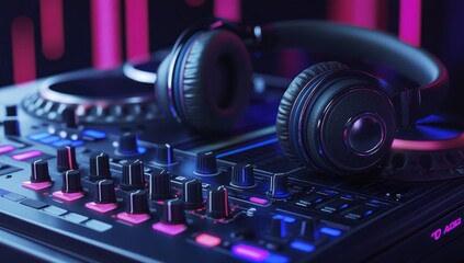 Fototapeta premium DJ Headphones on Mixer Console with Neon Lights