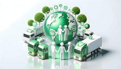 3D Business team collaborating on AI driven green logistics on glossy background copy space concept as Business team collaborates on AI driven green logistics on glossy background showcasing the integ