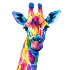 A light watercolor artwork of a giraffe on a white background, designed as a minimalist animal painting, offering unique wall décor, produced by AI.