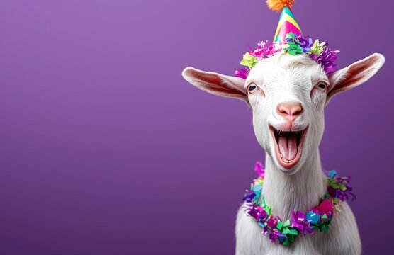 An imaginative animal idea: a goat adorned with a party cone hat, necklace, and bowtie, isolated on a pastel background, designed for a birthday party invitation with room for text.