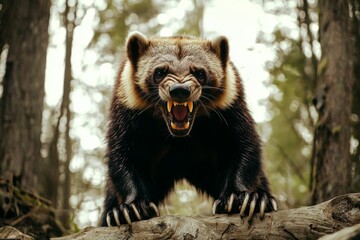 Fototapeta premium A generative AI-produced close-up image of a wolverine set in a forest.