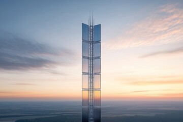 Futuristic antenna tower dominates landscape at dawn. Modern tech structure transmits data globally. High-speed internet access enhanced by LTE aerial network. Telecom company, wireless service