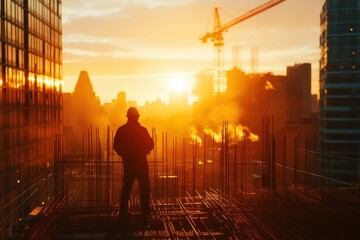 Construction Worker at Sunset Overseeing Reinforcing Steel Rods on Building Site