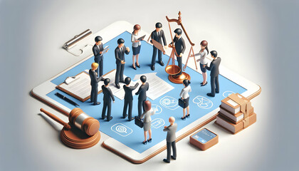 3D Business team collaborating on legal documents plain background copy space on top. concept as A business team collaborating on legal documents using laptops and tablets captured against a plain bac