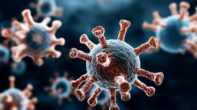 Close-up illustration of a virus particle with spiked surface structures against a blurred background, depicting a microscopic view of a viral infection.