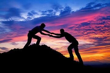 Two climbers help each other reach the summit during a beautiful sunset in the mountains