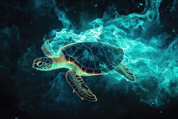 Obraz premium Sea Turtle Swimming Through Vibrant Aquatic Environment in Ethereal Blue Light