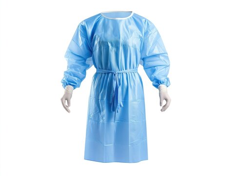 Blue disposable medical gown with long sleeves, ties. Protective clothing for health care professionals. Healthcare worker wears protective garment. Safety equipment for sterile environments. Hygiene