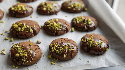 Chocolate Cookies Covered with Chocolate and Sprinkled with Chopped Pistachios – Perfect for Christmas 
