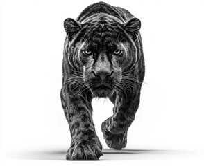 An isolated black panther, standing wild, set against a white or transparent backdrop, generated by AI.