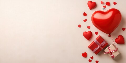 Heart-Shaped Balloon, Red Hearts, Gift Boxes, Romantic Decor Concept for Special Day Celebrations and Love Expressions, Valentines Day Theme