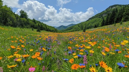 Fototapeta premium Vibrant wildflowers bloom in a mountain meadow, path leading to distant peaks under a blue sky.