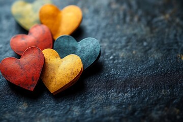 Obraz premium Valentine's day dark background, multi colored paper hearts on dark background