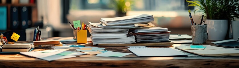 Cozy Workspace with Stacks of Papers and Sticky Notes in Sunlit Office Environment