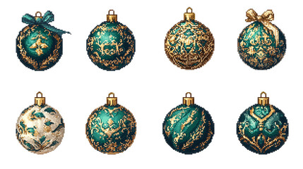 Pixel art set of elegant Christmas tree balls in teal and gold with intricate designs and bows, vector illustration isolated on white background.