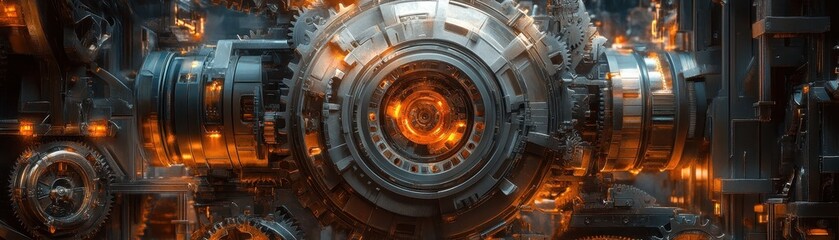Fototapeta premium Futuristic Mechanical Gear System with Glowing Orange Lights in a High-Tech Industrial Setting