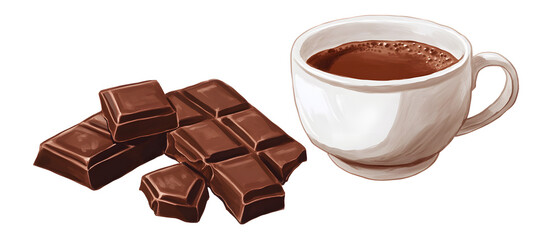 Delicious chocolate bars next to a cozy cup of hot chocolate on a white isolated background.
