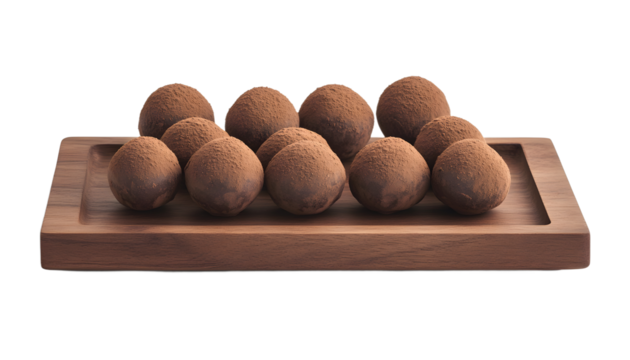 Delicious chocolate truffles on a wooden serving tray, perfect for desserts and sweet occasions.