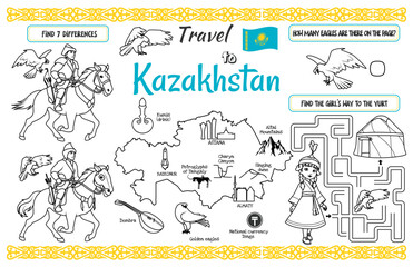 A fun placemat for kids. Printable “Travel to Kazakhstan” activity sheet with a labyrinth and find the differences. 17x11 inch printable vector file