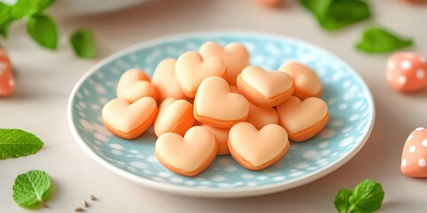 Delicate Heart-Shaped Confectionery Arranged on a Blue Polka-Dot Plate Surrounded by Fresh Mint Leaves and Soft Lighting
