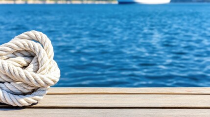 Fototapeta premium Close-up of a coiled white rope resting on wooden planks with calm water in the background and a boat softly blurred behind