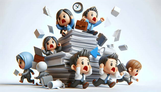 3D Business team overwhelmed with high workload in macro close up copy space concept as A business team feels overwhelmed by a high workload in a macro close up representing the stress of managing exc