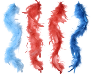 Colorful feather boas in red and blue on a white background, perfect for parties and costumes.