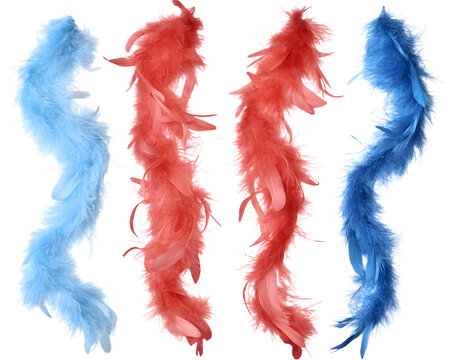Colorful feather boas in red and blue on a white background, perfect for parties and costumes.