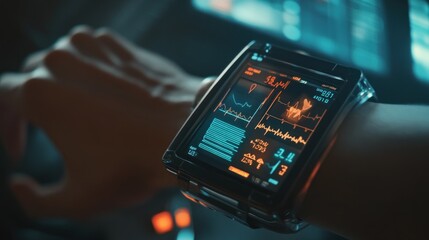Obraz premium Futuristic smartwatch displaying health data.
