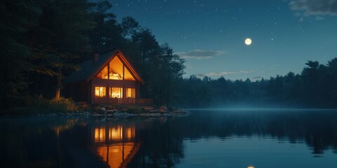 Fototapeta premium Serene cabin glow reflects on tranquil waters under a starlit sky at night