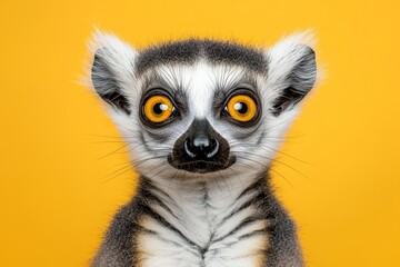 Obraz premium A lemur looks stunned in a studio portrait, set against a yellow backdrop.