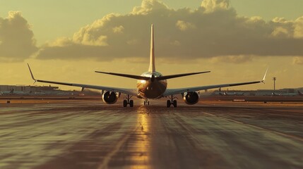 Airplane taxiing on runway at sunset.