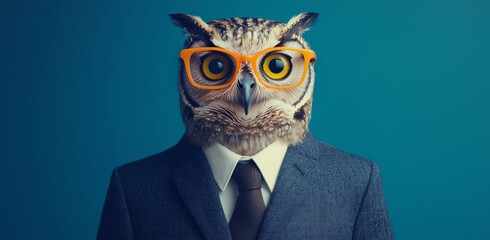A fashionable owl, dressed in a jacket, shirt, tie, and glasses, strikes a pose in a stock image. The banner is wide, with room for text on the side.