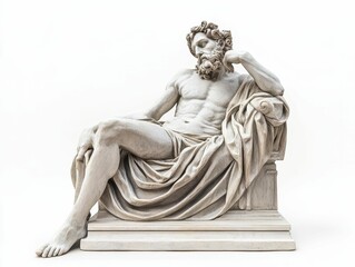 Fototapeta premium Stone statue, seated figure, draped cloth, pensive expression.